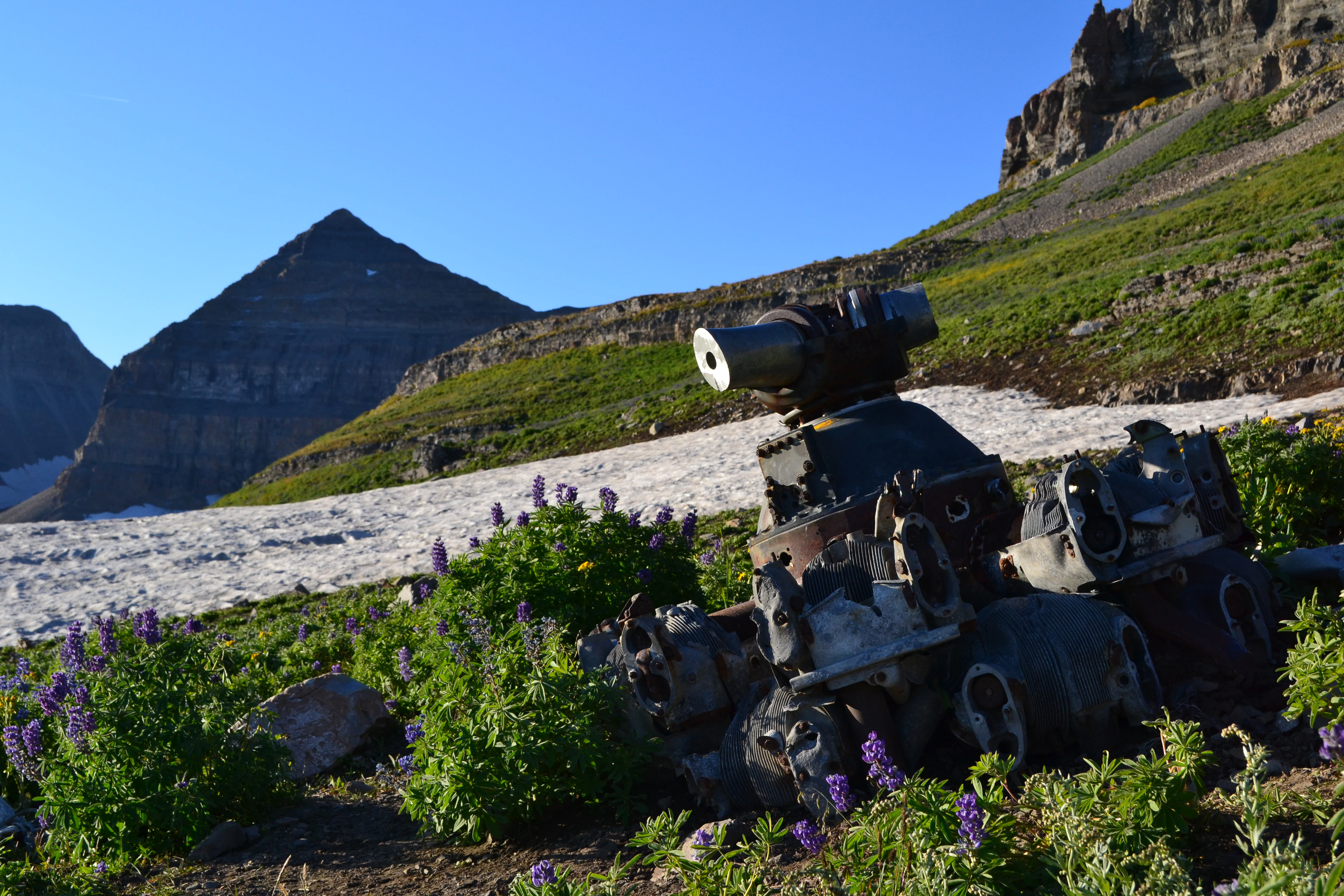 A rusted aircraft radial engine sits on a grassy alpine mountainside with rugged mountain peaks and a patch of snow in the background.