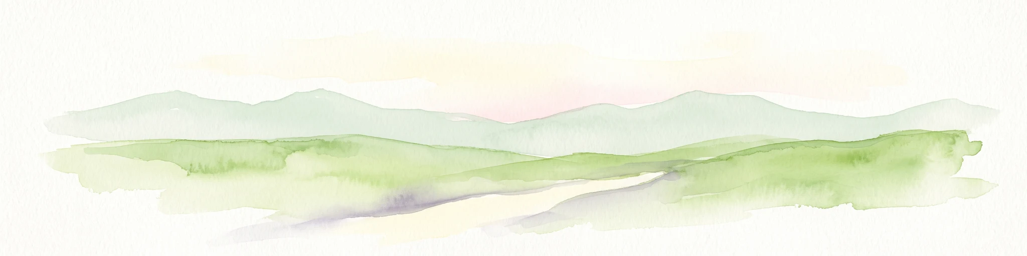 Una suave ilustración en acuarela que representa colinas verdes en capas en primer plano con tenues contornos de montañas al fondo sobre un fondo blanco.