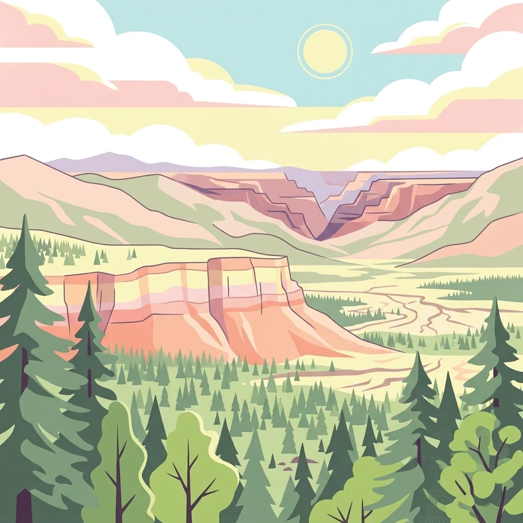 Una ilustración digital de un paisaje montañoso con un cañón profundo, bosques de pinos y un cielo suave al atardecer.