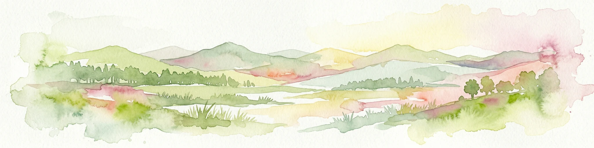 Watercolor illustration of a mountainous landscape with green fields and distant peaks