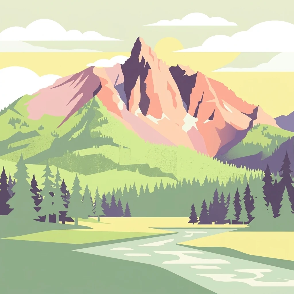 Vector-style illustration of a dramatic, angular mountain peak in the background, a forest of evergreen trees in the midground, and a stream flowing through a grassy meadow in the foreground.