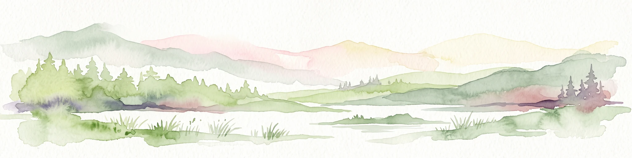 Una ilustración horizontal en acuarela que muestra un paisaje con suaves montañas onduladas en la distancia, una hilera de pinos en el plano medio y una orilla cubierta de hierba en el primer plano.