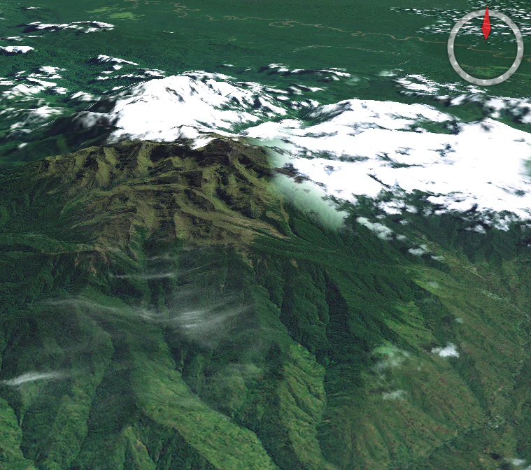 Satellite image showing Mount Wilhelm's snow-capped peaks, green valleys, and Ramu River in the distance