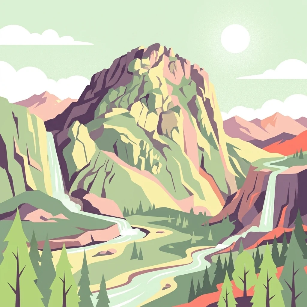 Stylized illustration of a mountain with waterfalls, river, and trees under a bright sky with clouds