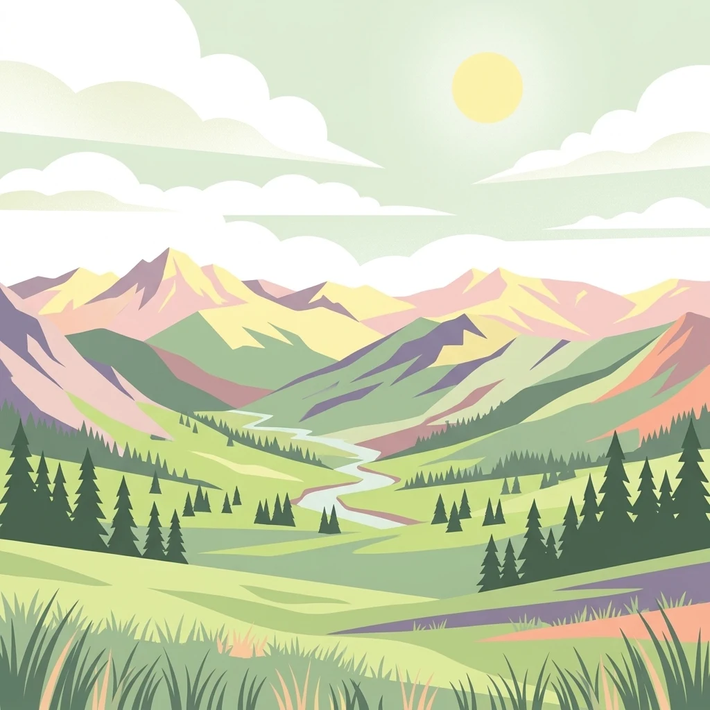 Ilustración digital de un paisaje montañoso escénico con un río serpenteante que fluye a través de un valle verde rodeado de laderas boscosas y picos montañosos irregulares bajo un sol brillante.