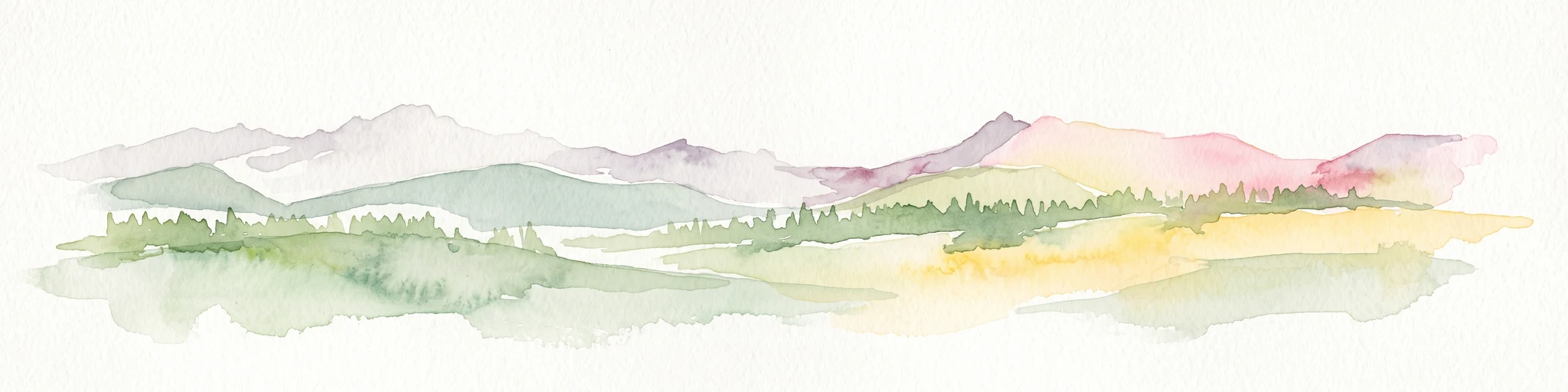Una ilustración en acuarela de una cadena montañosa con picos suaves de colores pastel al fondo y una línea de árboles verde en primer plano.