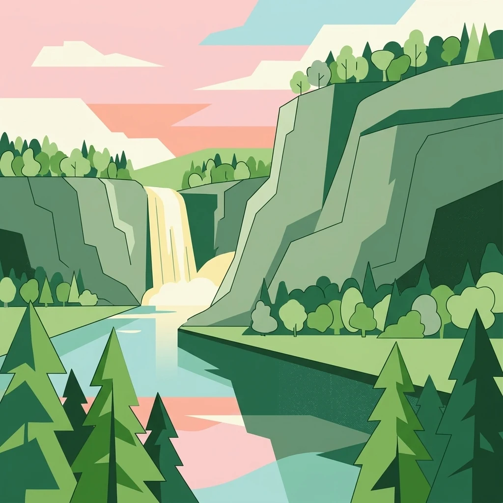 A graphic illustration showing a waterfall flowing into a river, surrounded by steep cliffs and pine trees under a pink sky.