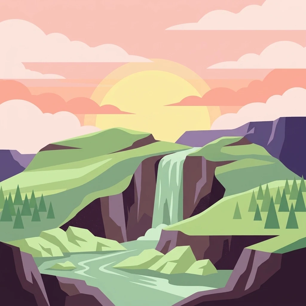 A flat-style digital illustration showing a waterfall cascading over rocky cliffs into a stream; green hills and coniferous trees frame the scene under a pink and yellow sunset sky.