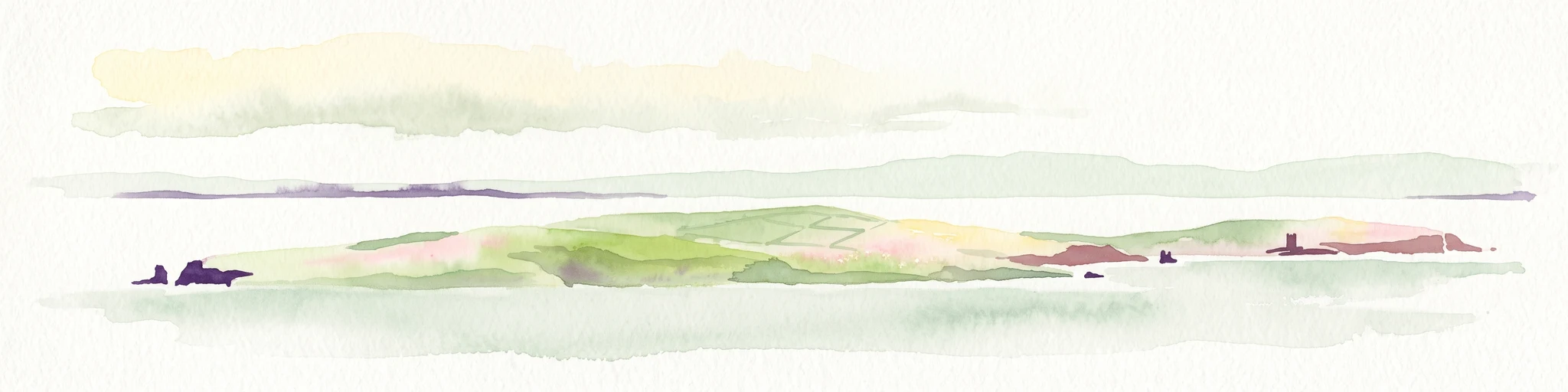 A soft watercolor painting of the island of Mousa in Shetland, depicting green and tan grassy hills surrounded by water, with the tall stone silhouette of the Mousa Broch visible on the island.