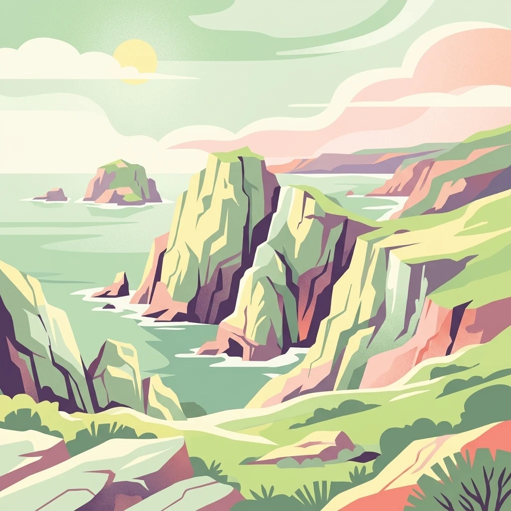 A stylized, flat-design illustration depicting jagged coastal cliffs rising out of a calm sea with soft, pastel-colored skies and rolling green foreground hills.