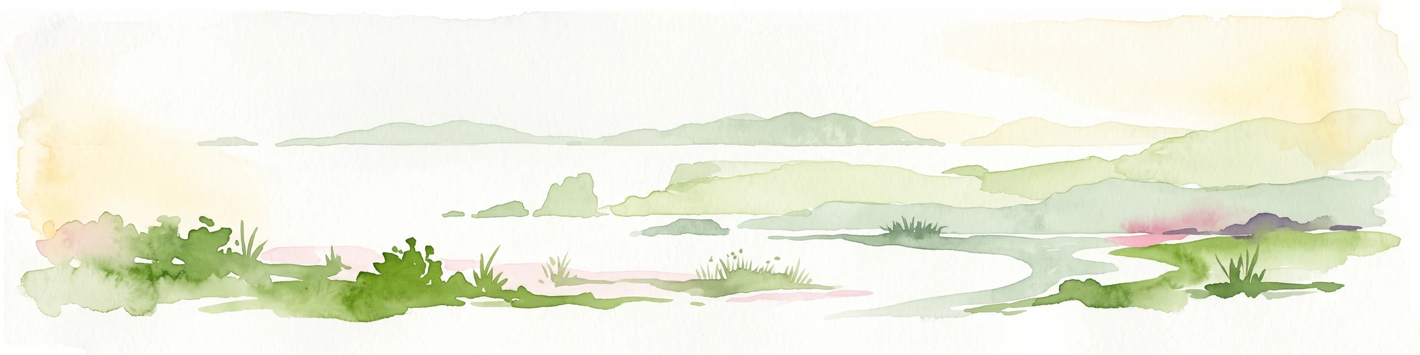 A soft watercolor illustration of a coastal landscape with green hills, rocky outcrops, and a serene bay.