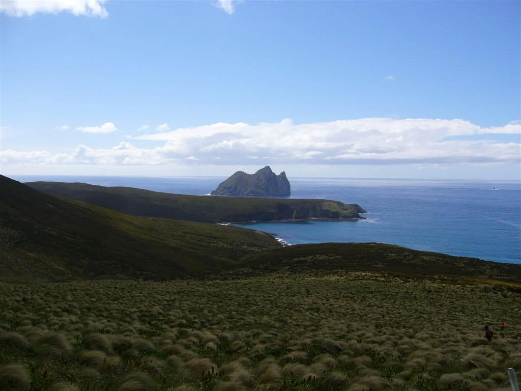 Una amplia vista del paisaje costero que muestra colinas bajas y cubiertas de hierba que descienden hacia el océano, con el distintivo pico rocoso de la isla Dent elevándose desde el mar en la distancia bajo un cielo azul.