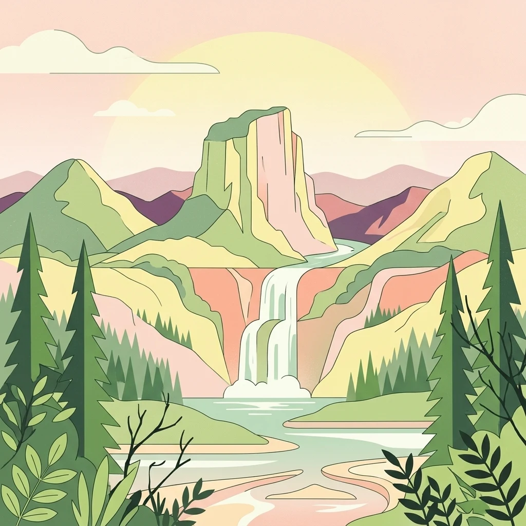 A flat vector-style illustration of a mountainous volcanic landscape featuring a central waterfall flowing into a river, surrounded by pine forests and rolling hills under a soft sun.