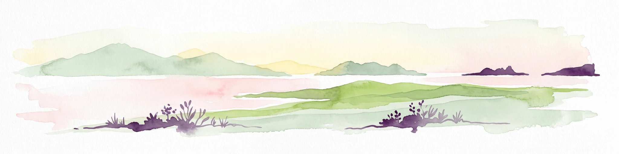 Watercolor painting of Moutohora Island featuring green volcanic hills, coastal vegetation, and a soft pink water surface.
