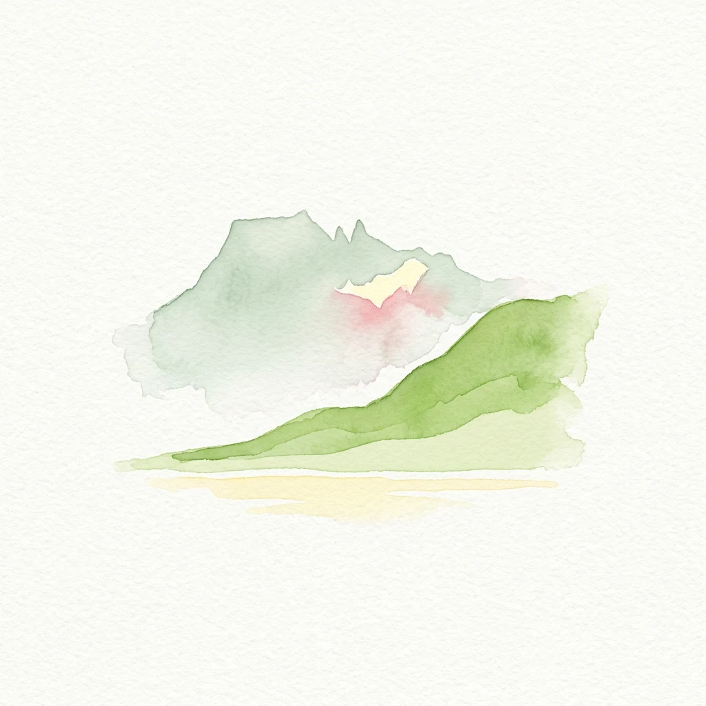 Watercolor painting of mountains with green and yellow hues over a water body