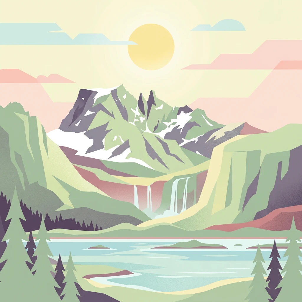 Ilustración estilizada de picos montañosos, cascadas, un lago y árboles de coníferas bajo un cielo soleado con un sol grande y nubes pastel