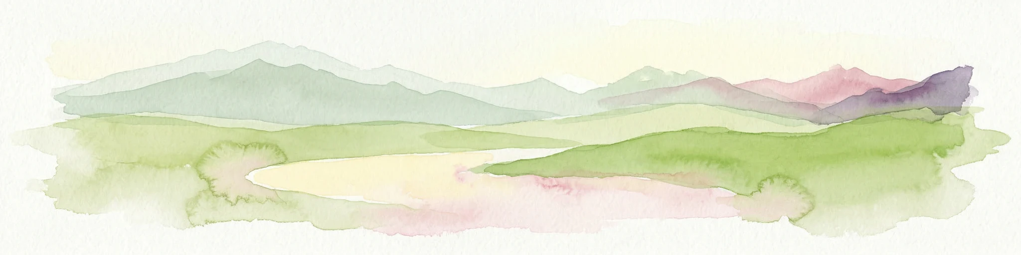 Ilustración en acuarela que muestra montañas, un lago y colinas onduladas