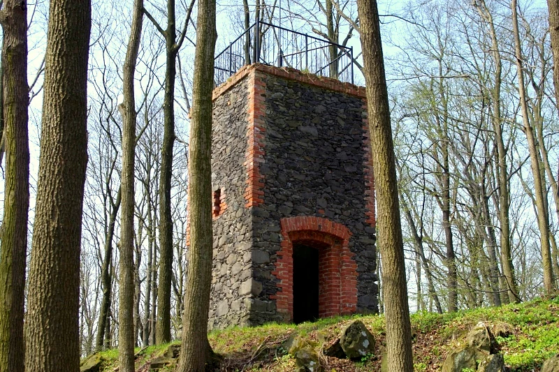 A square stone observation tower with brick detailing stands in a deciduous forest, surrounded by tall tree trunks.
