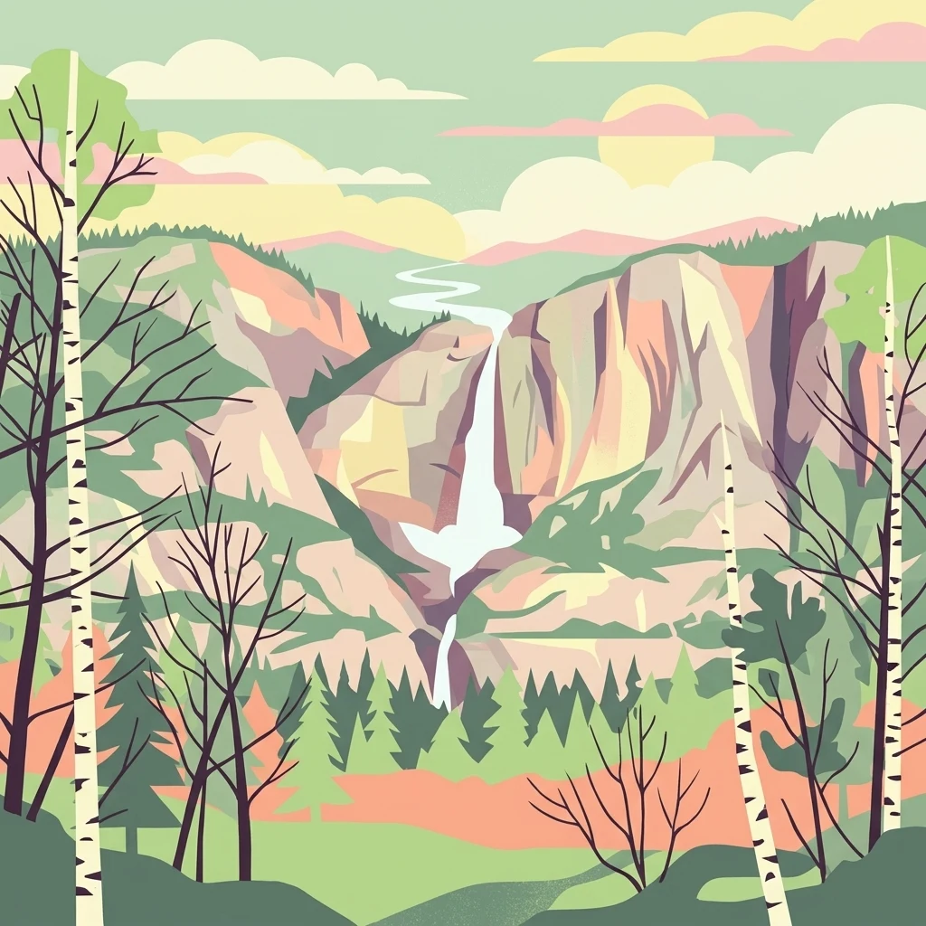 A graphic illustration showing a large waterfall cascading down a rocky mountain face, framed by birch trees in the foreground and a forest at the base.