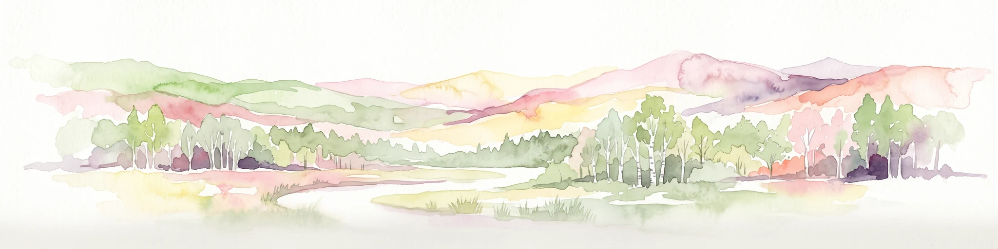 A watercolor painting showing a soft landscape with trees, rolling hills, and a winding stream, rendered in light pastels.