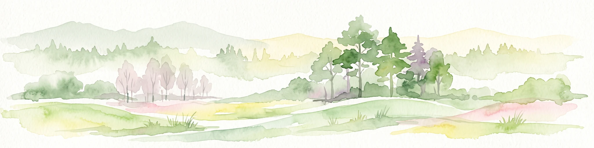 A horizontal watercolor painting showing a soft-focus landscape with rolling green hills, sparse trees, and hazy background mountains.