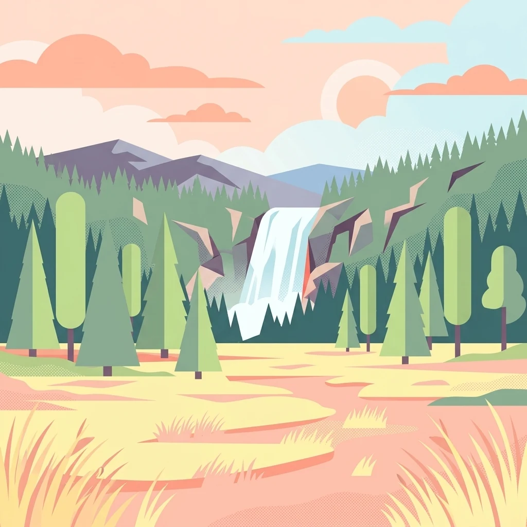 A flat vector illustration depicting a waterfall cascading down a mountain slope behind a coniferous forest with tall grasses in the foreground under a setting sun.
