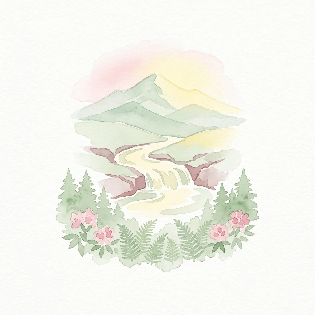 Watercolor depiction of a mountain stream flowing through a forest with pine trees and flowers
