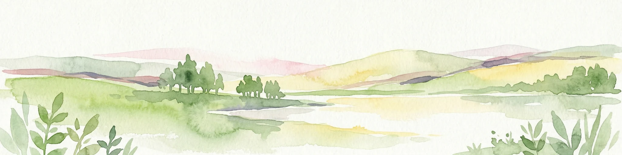 Ilustración en acuarela de un paisaje con colinas verdes, árboles y una masa de agua