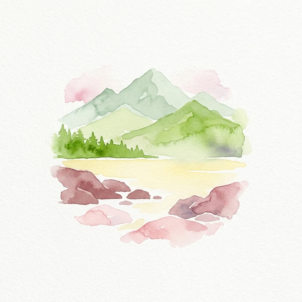 Ilustración de acuarela que representa una cordillera con laderas verdes, una masa de agua y rocas rosadas en primer plano.