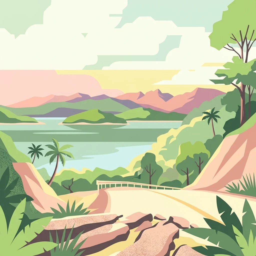 Ilustración estilizada que muestra palmeras, una carretera sinuosa, un puente, montañas y una masa de agua