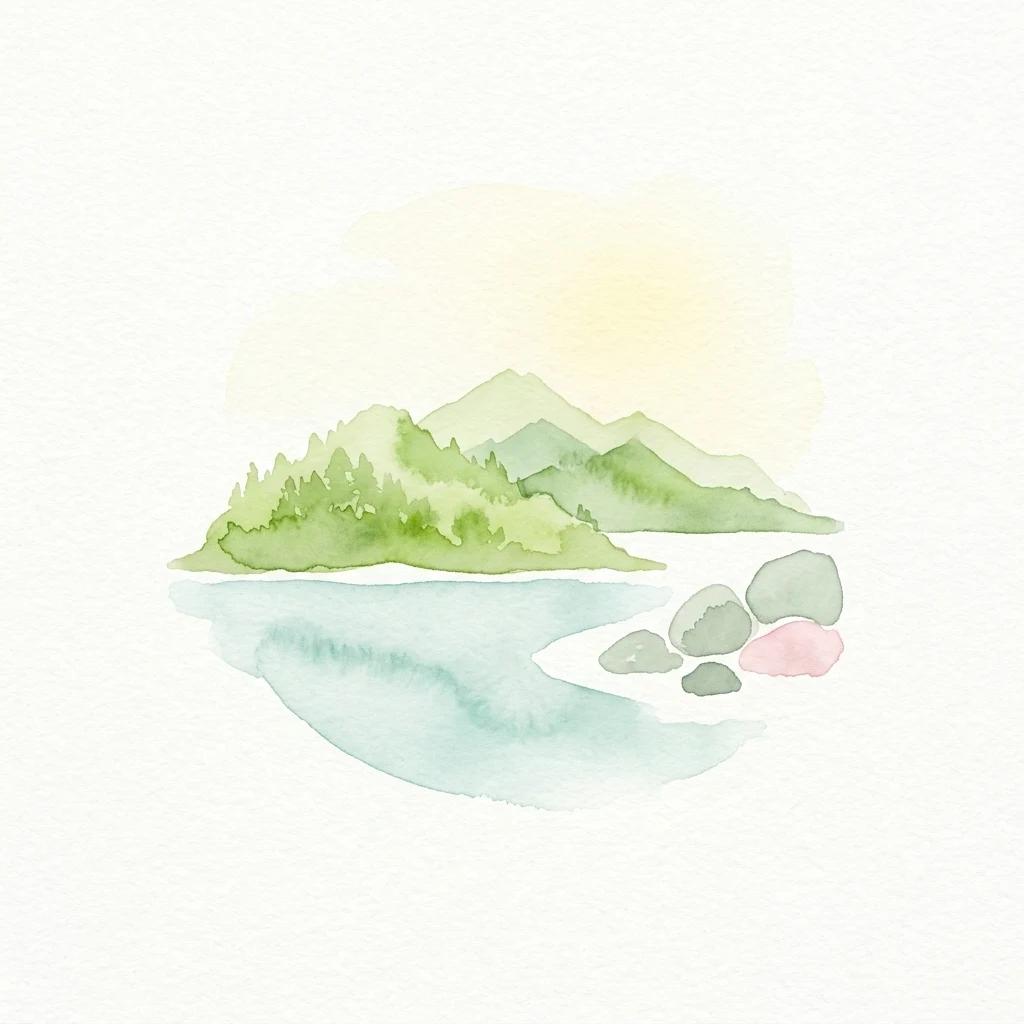 Pintura de acuarela que muestra una isla con montañas verdes, una masa de agua y rocas con reflejo