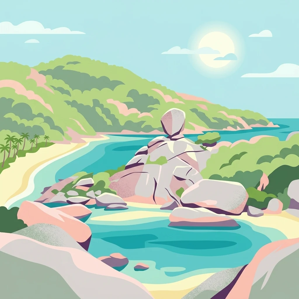 Ilustración estilizada de una playa tropical con grandes rocas, agua turquesa, colinas de vegetación exuberante y palmeras bajo un sol brillante