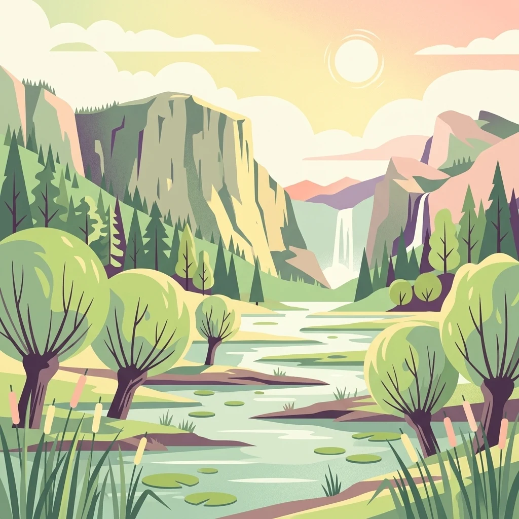 A flat-style digital illustration of a scenic valley with a winding river, stylized green trees in the foreground, and high mountain cliffs with a small waterfall in the background under a sunrise sky.