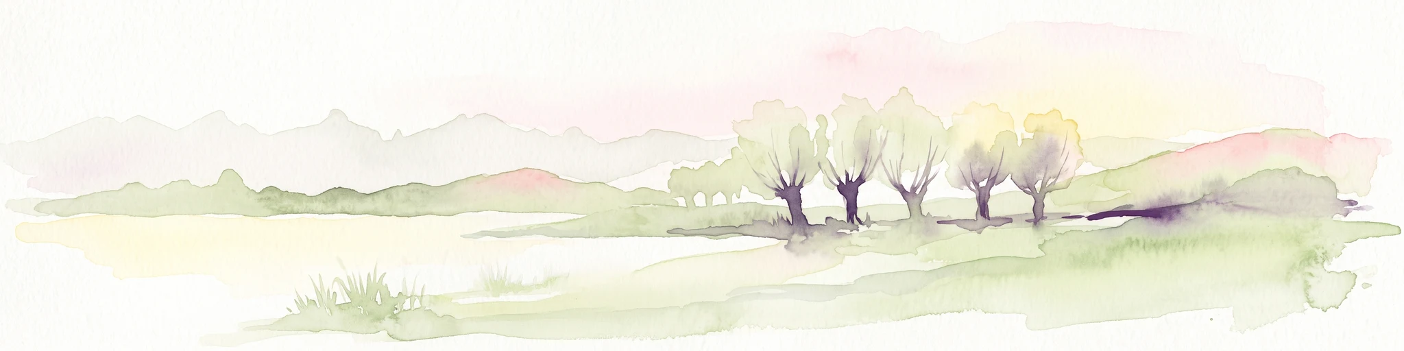 Watercolor painting of a sparse line of trees in a wetland or fen landscape with light washes of green and pink hues.