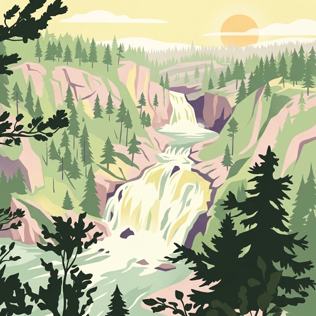 Illustration of a waterfall surrounded by forested mountains at sunset
