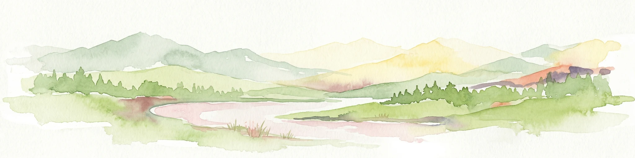 Pintura de acuarela que muestra montañas, un río y zonas boscosas