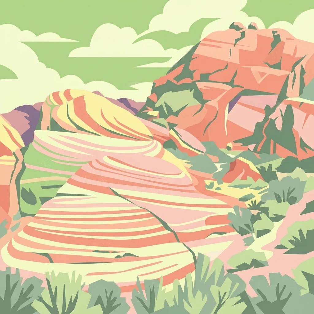 A graphic illustration of desert mountains with layered red and cream sandstone cliffs under a stylized sky.