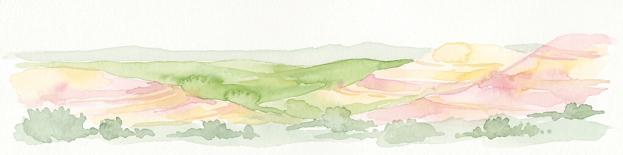 A horizontal watercolor painting depicting soft desert hills in shades of green, yellow, and soft pink.