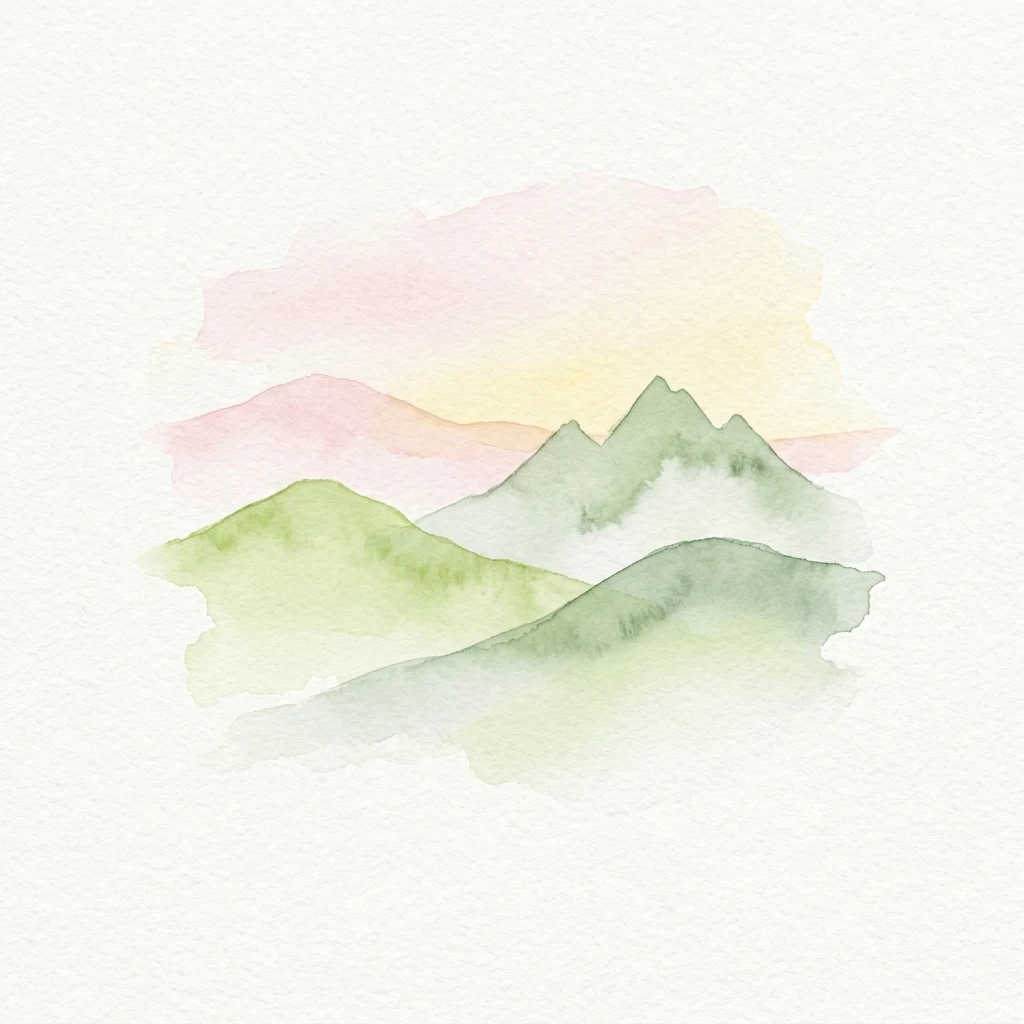 Pintura de acuarela de montañas verdes con niebla bajo un cielo rosa y amarillo