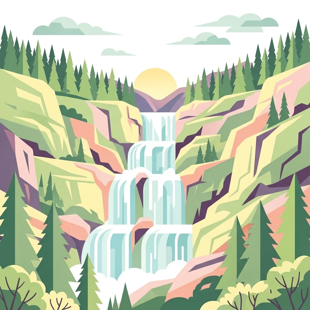 Illustration of a waterfall cascading over rocky cliffs with forested mountains and a setting sun
