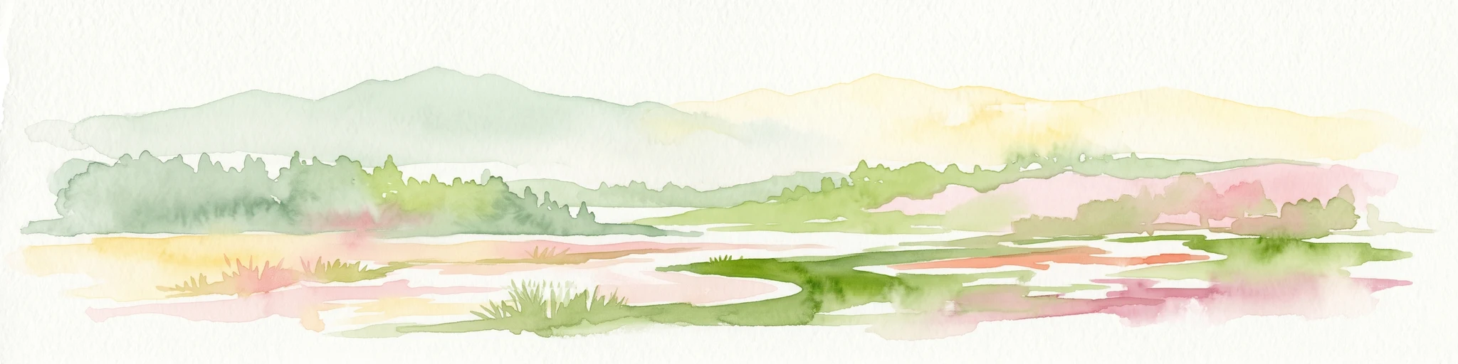 Watercolor painting showing green fields, pink and yellow areas, and distant mountains