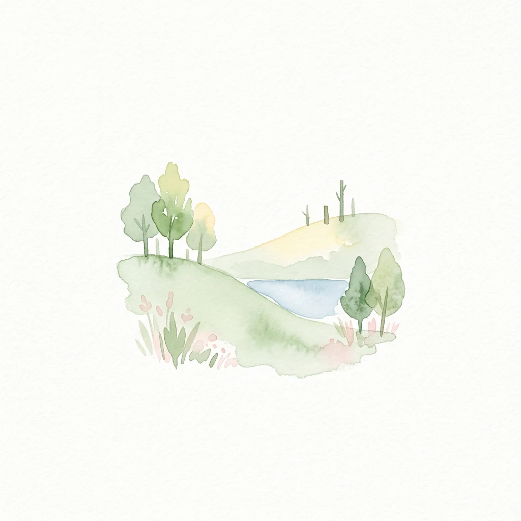 Watercolor illustration of a small lake surrounded by green hills, trees, and wildflowers