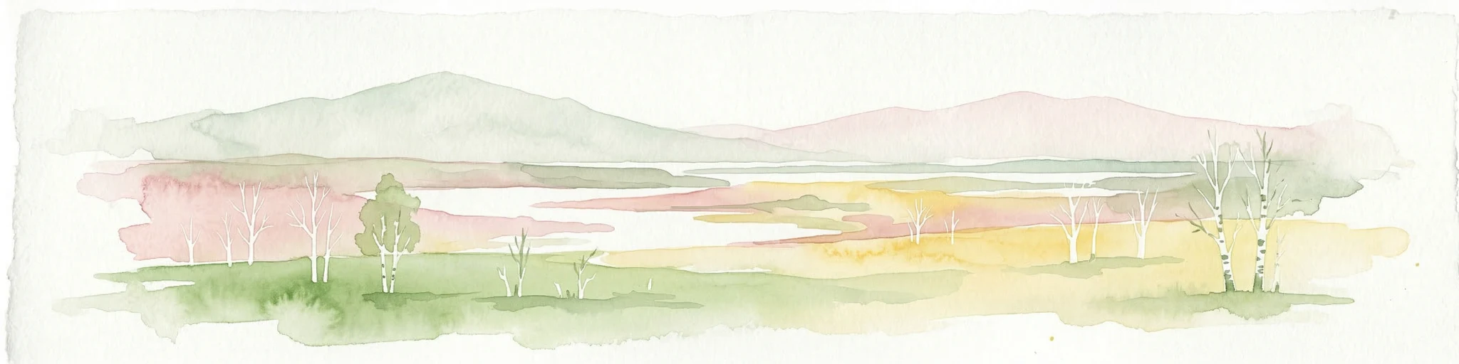 Pintura de acuarela de un paisaje con un lago, árboles y colinas distantes