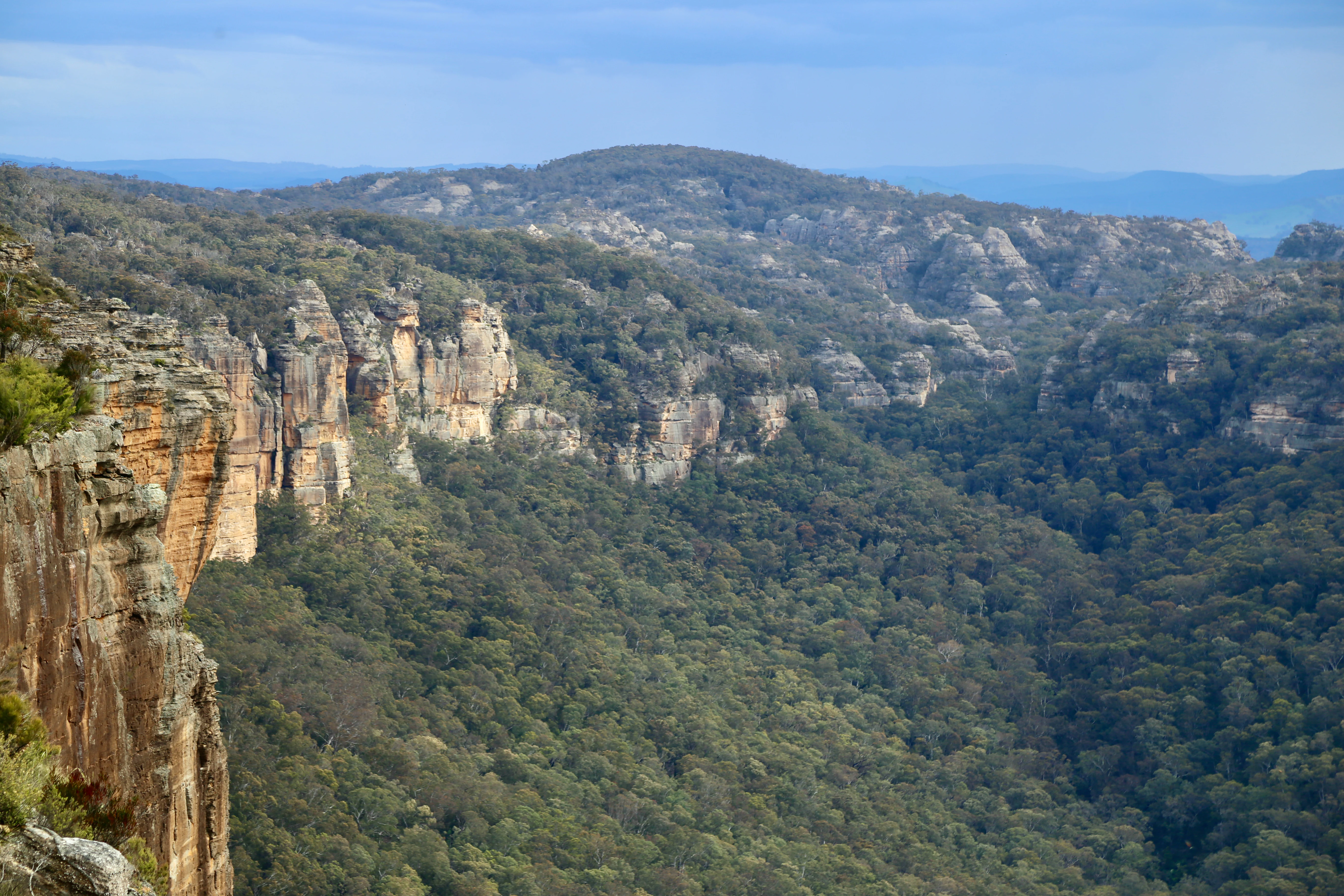 A landscape view of a deep, forested valley bordered by dramatic, rugged sandstone cliffs and pagoda-like rock formations under a soft blue sky.