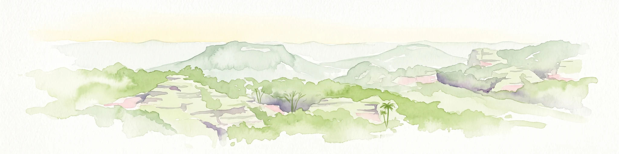 A soft, light-toned watercolor painting of a panoramic landscape featuring rolling hills, distant mesas, and scattered vegetation.