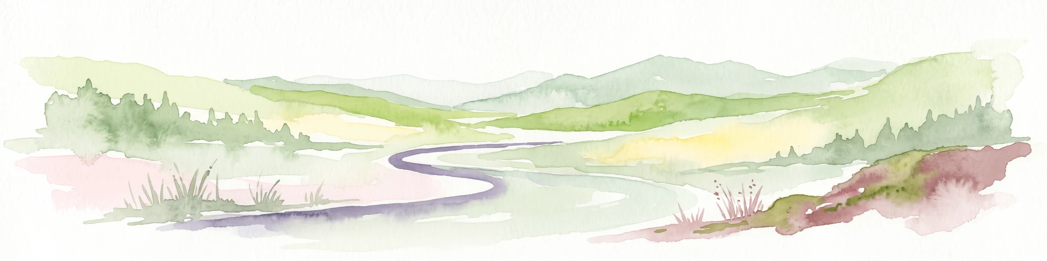 A soft, watercolor painting depicting a winding stream flowing through a gentle green valley with rolling hills in the background.