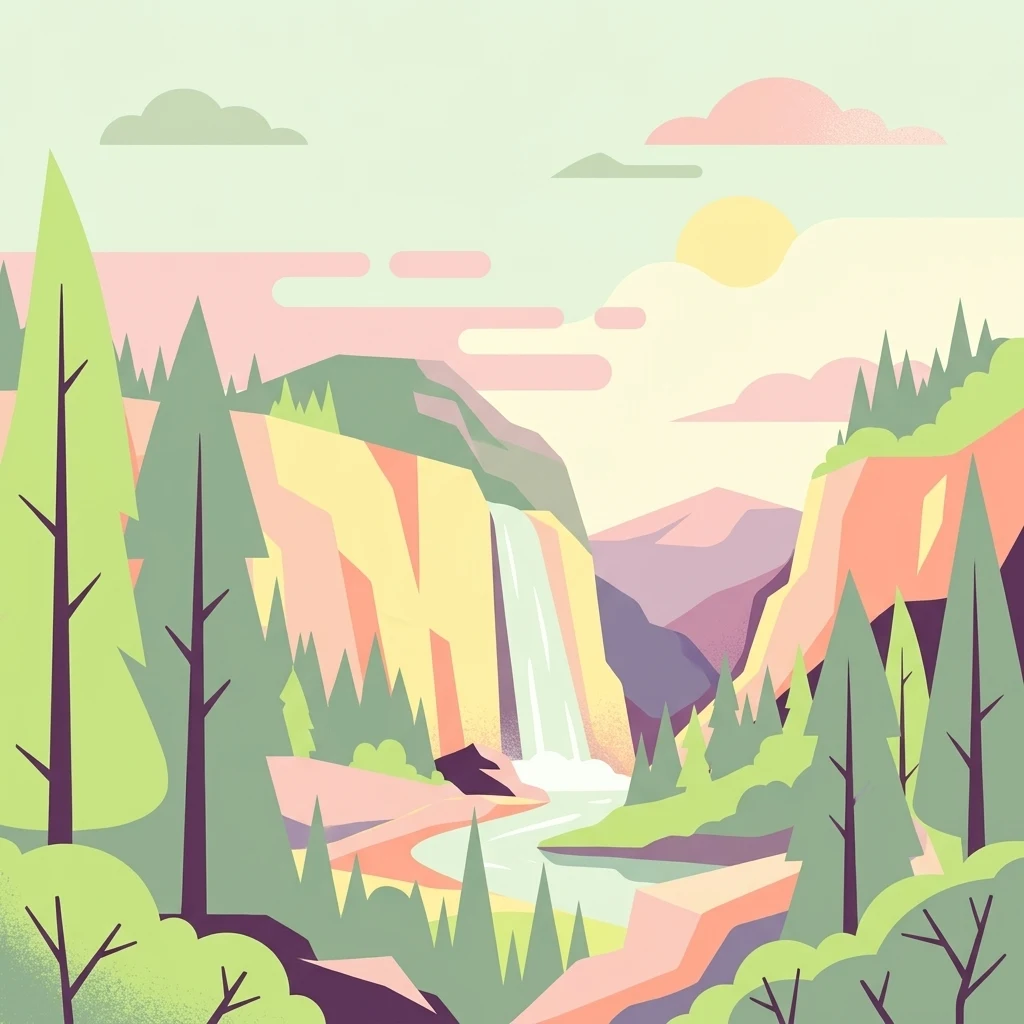 Una ilustración gráfica estilizada que representa un valle con escarpadas paredes de cañón, una cascada central, un arroyo que fluye y árboles de hoja perenne bajo un cielo de colores suaves.