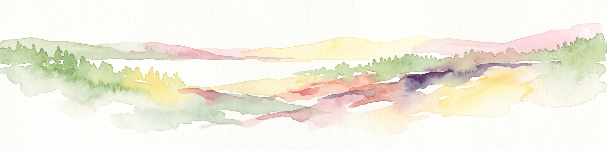A horizontal watercolor illustration showing soft, abstract layers of hills, valleys, and forest greenery in pastel tones of green, yellow, and muted pink against a white background.