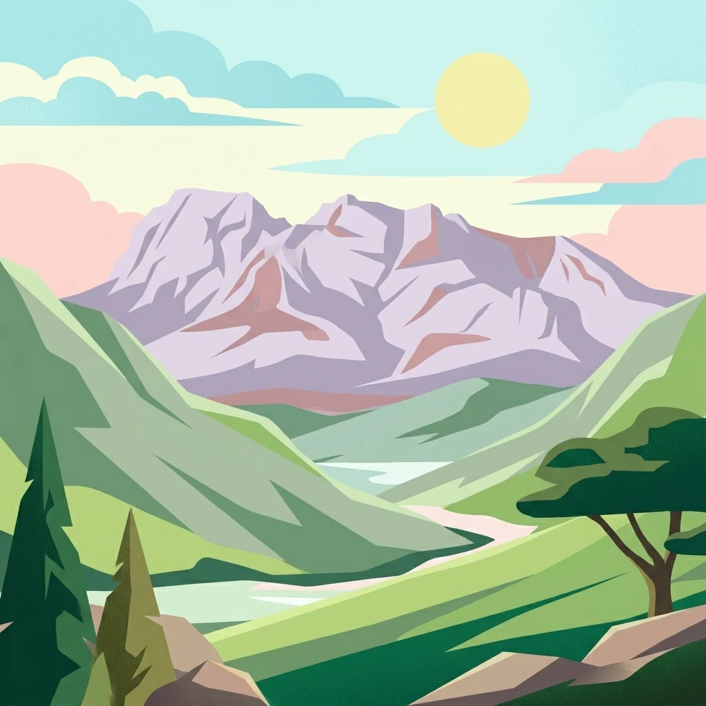 Ilustración digital de una gran cordillera con picos escarpados, colinas verdes onduladas, un valle central y un sol estilizado en un cielo pastel suave.