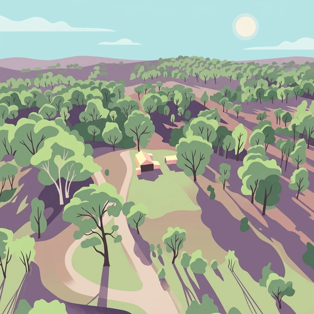 A digital illustration showing an aerial, stylized view of an open woodland with scattered eucalyptus trees, soft rolling hills, and a small building in the center.